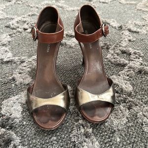 Low heal brown heal with silver front strap